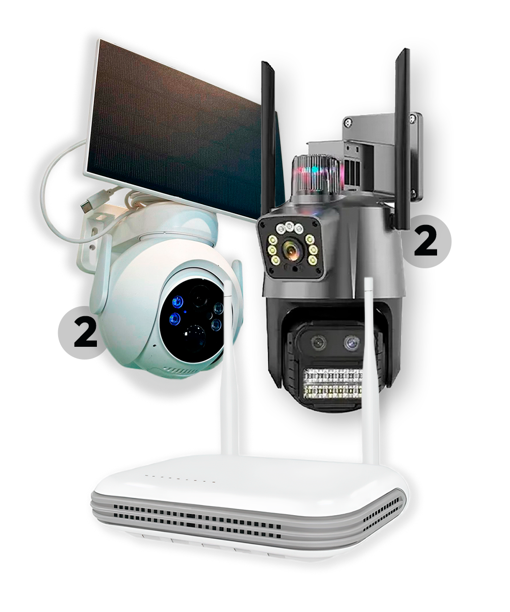 KIT 4 - 13 Kit 4.13 - 02 Câmeras P11 Lente Dupla (externas) + 02 Câmeras Placa Solar (externas) + NVR 500GB + Instalação, Configuração e Materiais - Imagem 1